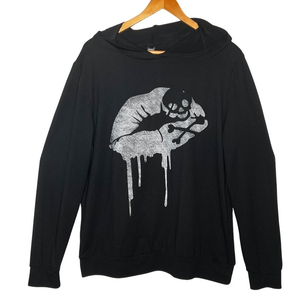 Ranlege Kissy Lips Large Black Long Sleeve Hood Lips Skull Pullover Fatal Kiss